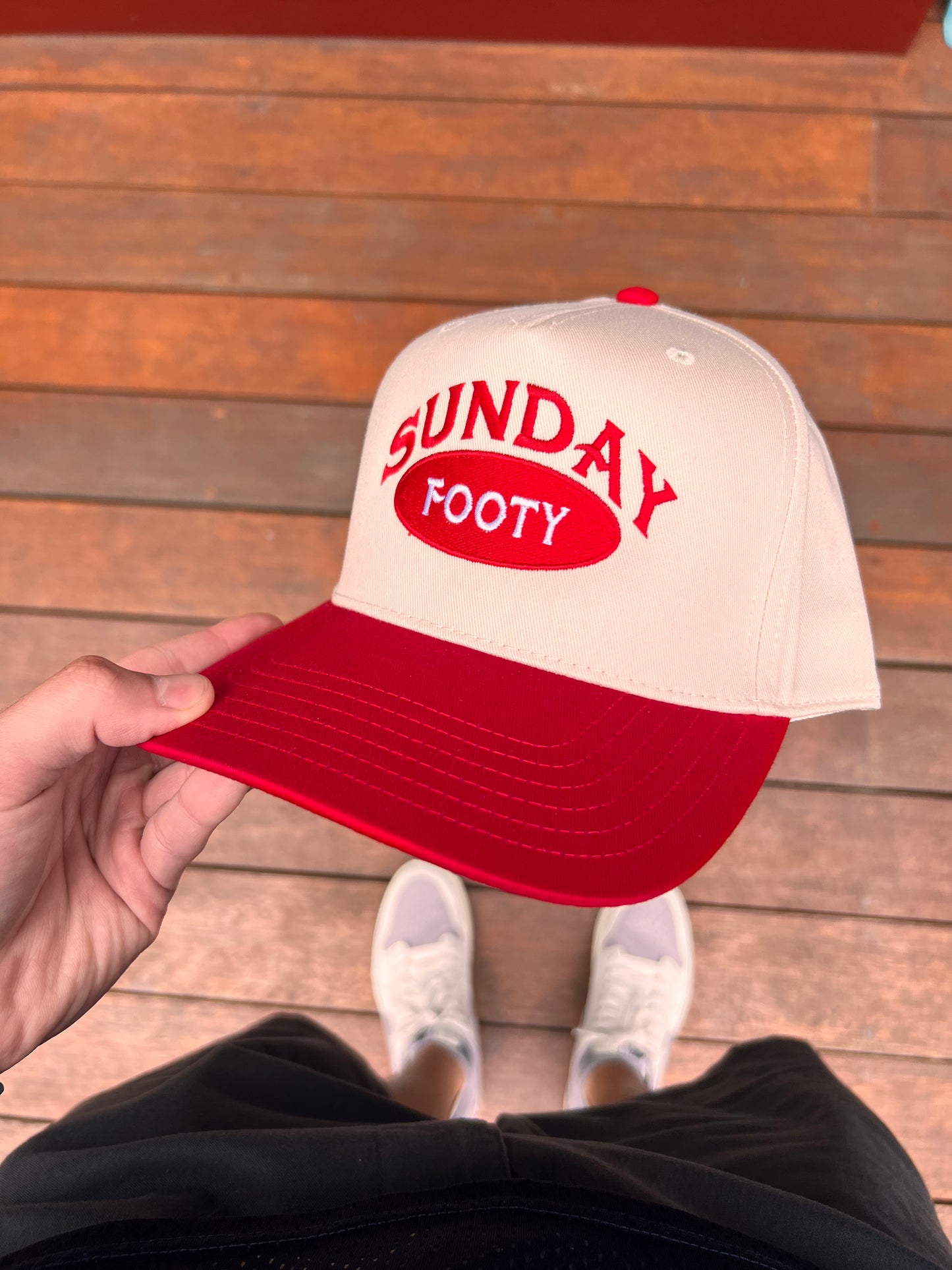 Sunday Footy 5 Panel, Red & Natural